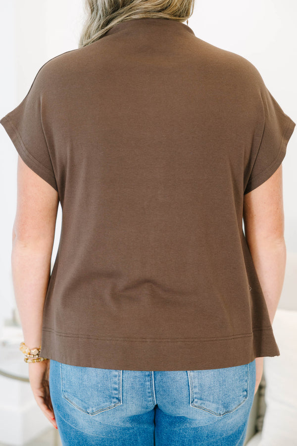 Plus Size brown short sleeve mock neck top in a soft modal blend.