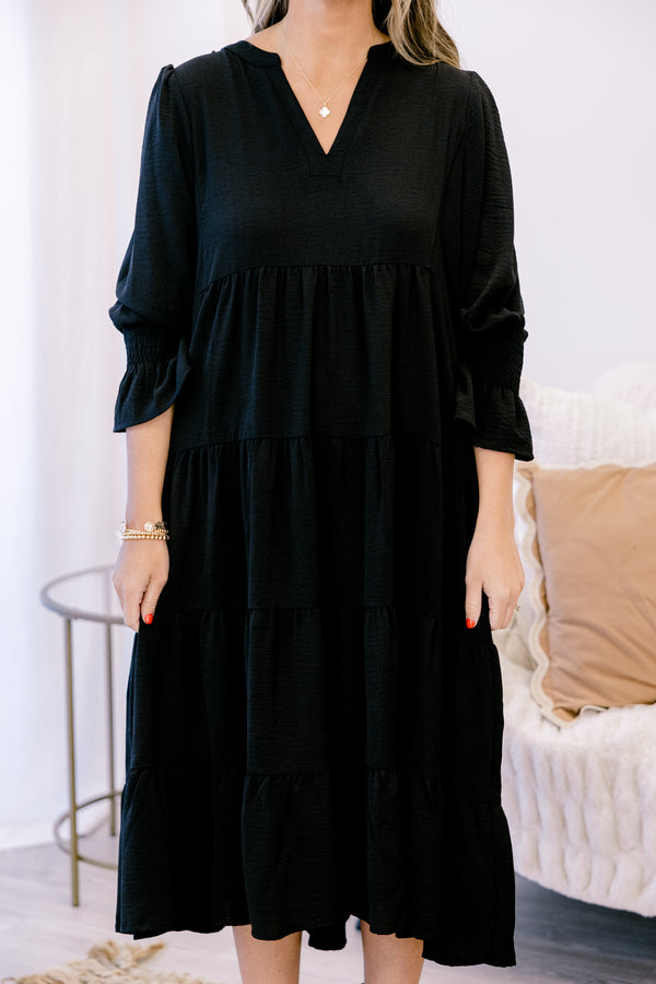Chic Soul plus size clothing, black mid sleeve midi dress with v-neckline and tiered skirt