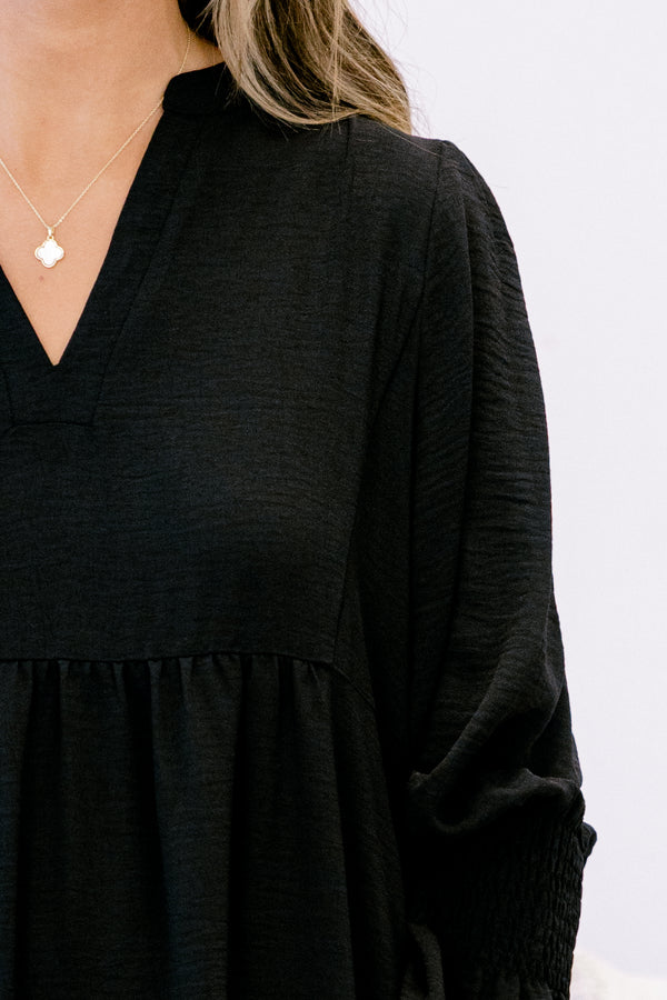 Chic Soul plus size clothing, black mid sleeve midi dress with v-neckline and tiered skirt