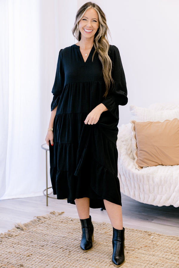 Chic Soul plus size clothing, black mid sleeve midi dress with v-neckline and tiered skirt