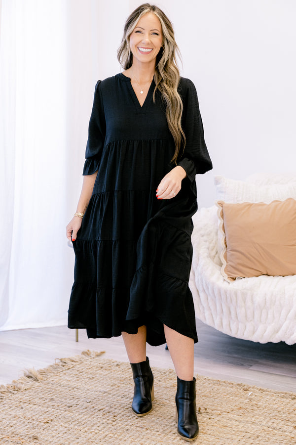 Chic Soul plus size clothing, black mid sleeve midi dress with v-neckline and tiered skirt