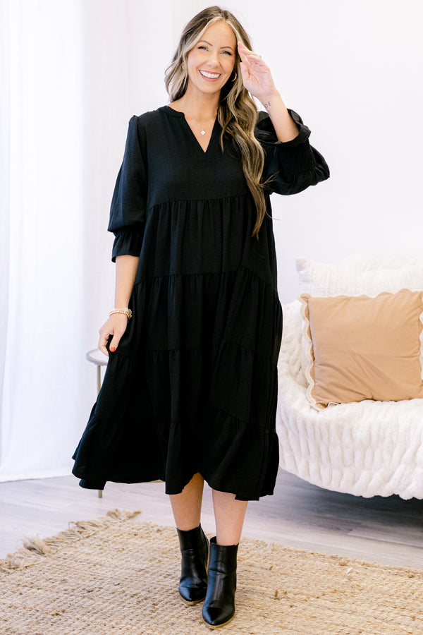 Chic Soul plus size clothing, black mid sleeve midi dress with v-neckline and tiered skirt