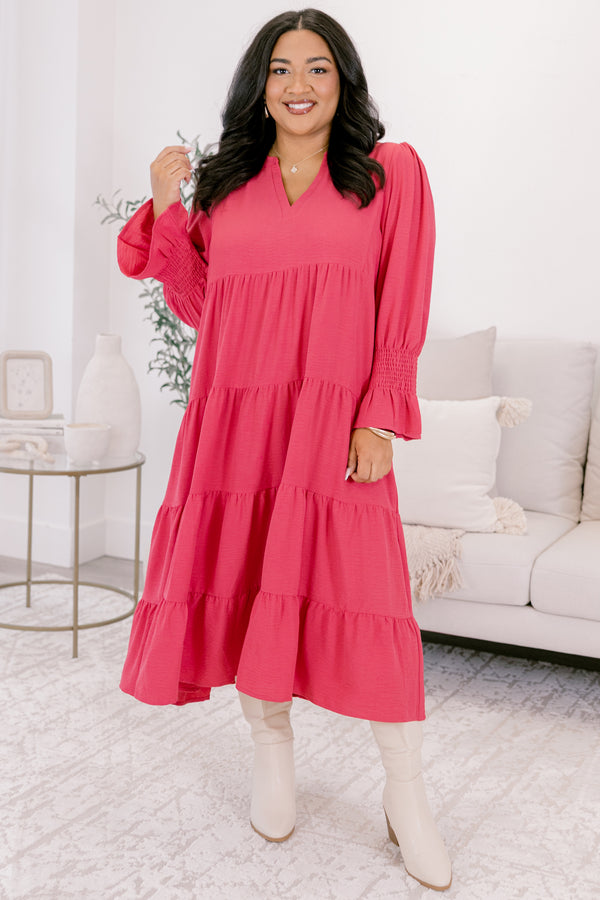 Chic Soul plus size clothing, fuchsia flutter cuff half sleeve shallow v-neck tiered midi dress