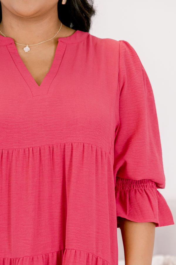 Chic Soul plus size clothing, fuchsia flutter cuff half sleeve shallow v-neck tiered midi dress