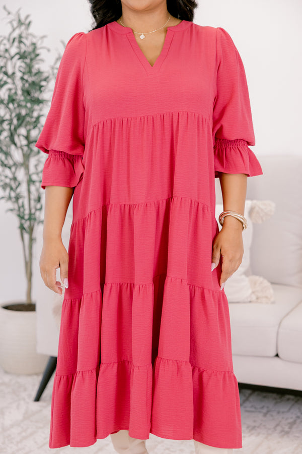 Chic Soul plus size clothing, fuchsia flutter cuff half sleeve shallow v-neck tiered midi dress