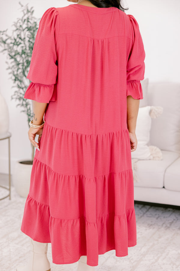 Chic Soul plus size clothing, fuchsia flutter cuff half sleeve shallow v-neck tiered midi dress