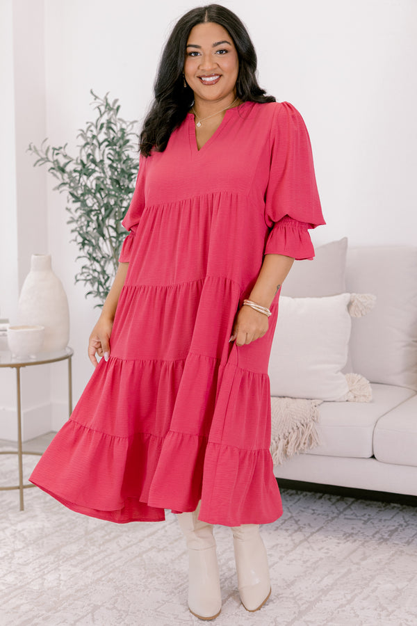 Chic Soul plus size clothing, fuchsia flutter cuff half sleeve shallow v-neck tiered midi dress