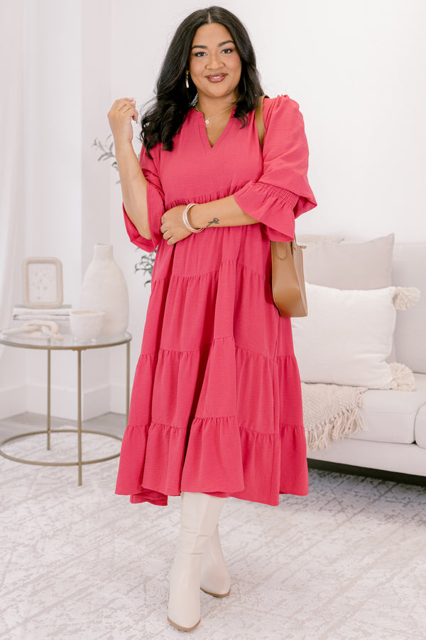 Chic Soul plus size clothing, fuchsia flutter cuff half sleeve shallow v-neck tiered midi dress