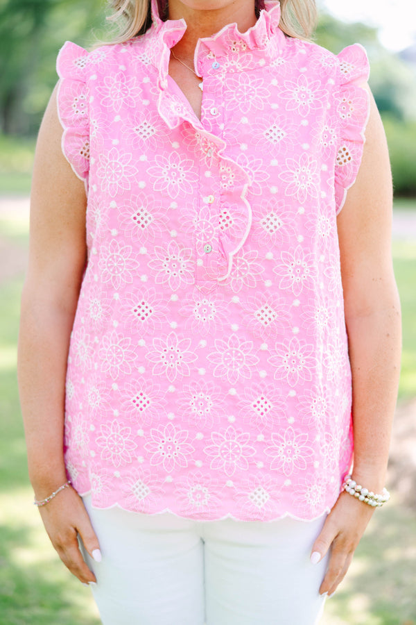 Plus Size pink eyelet sleeveless top with ruffled cap sleeves and a button-down mock neckline.