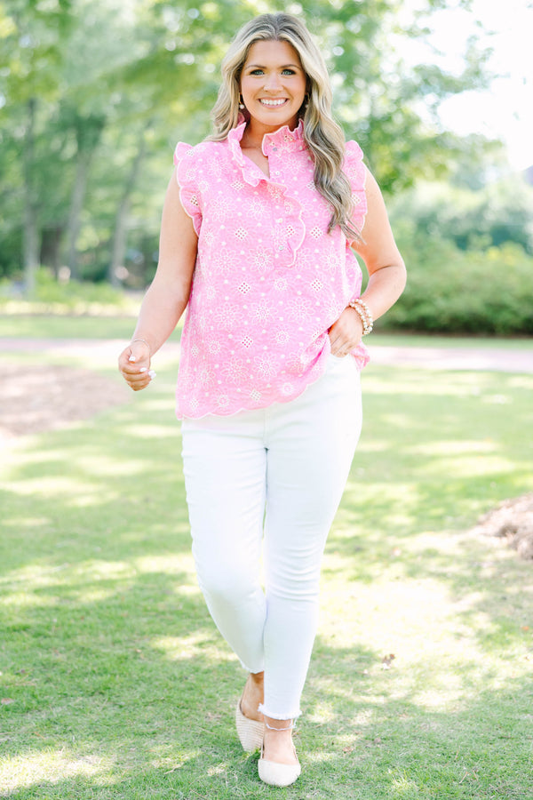 Plus Size pink eyelet sleeveless top with ruffled cap sleeves and a button-down mock neckline.