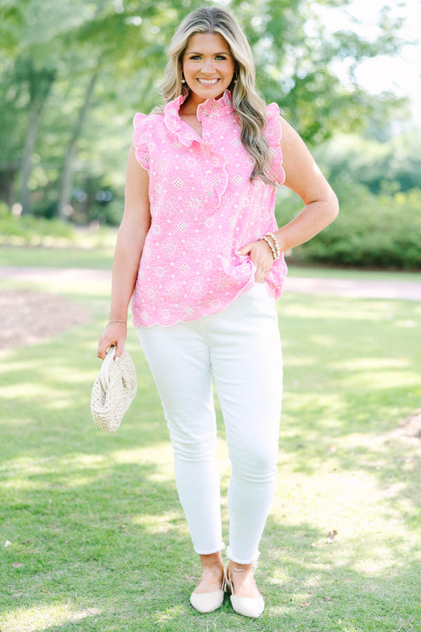 Plus Size pink eyelet sleeveless top with ruffled cap sleeves and a button-down mock neckline.