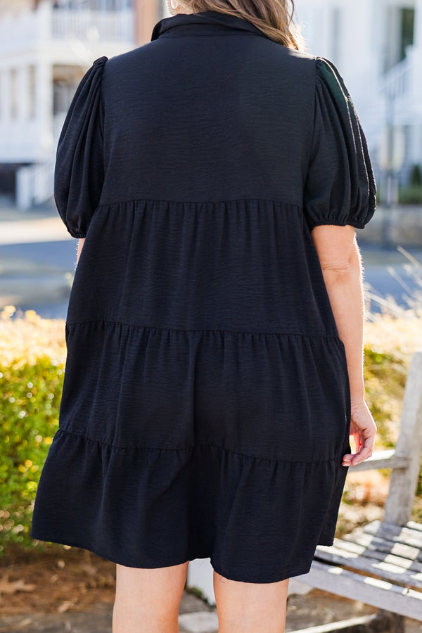 Chic Soul plus size clothing, black short sleeve button up dress with puff sleeves