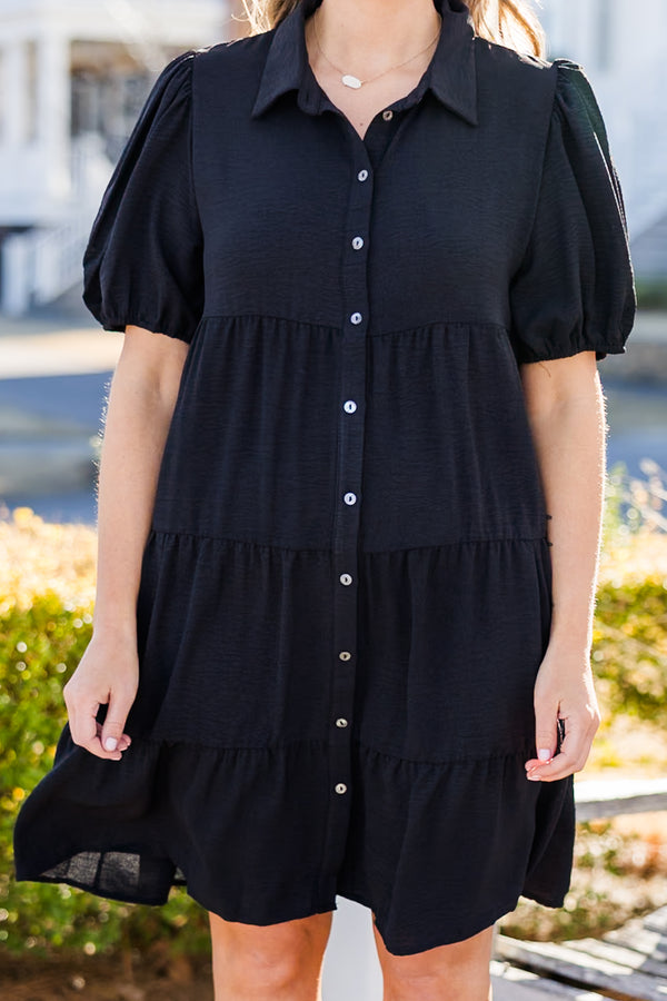 Chic Soul plus size clothing, black short sleeve button up dress with puff sleeves