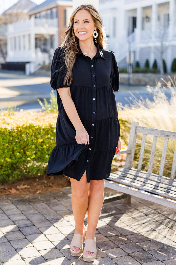 Chic Soul plus size clothing, black short sleeve button up dress with puff sleeves