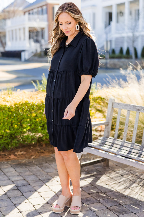 Chic Soul plus size clothing, black short sleeve button up dress with puff sleeves