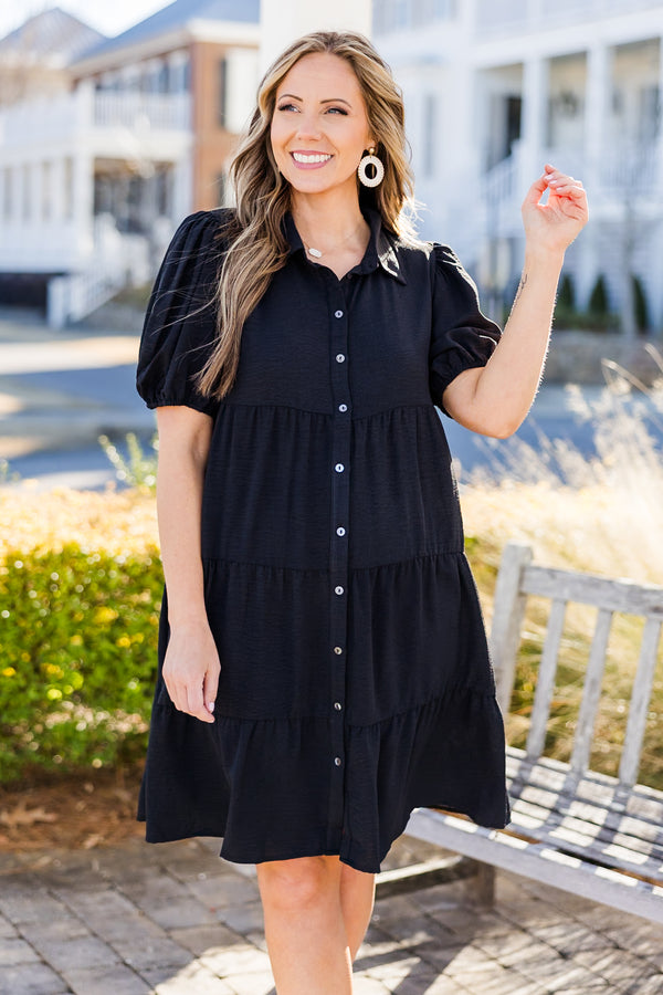 Chic Soul plus size clothing, black short sleeve button up dress with puff sleeves
