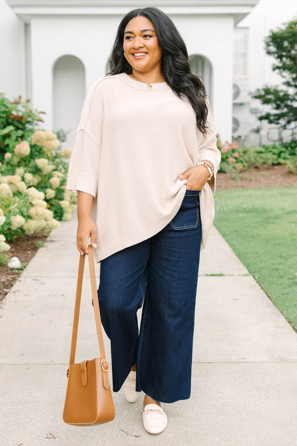 Plus size oatmeal oversized knit sweater with a flowy fit and short sleeves.