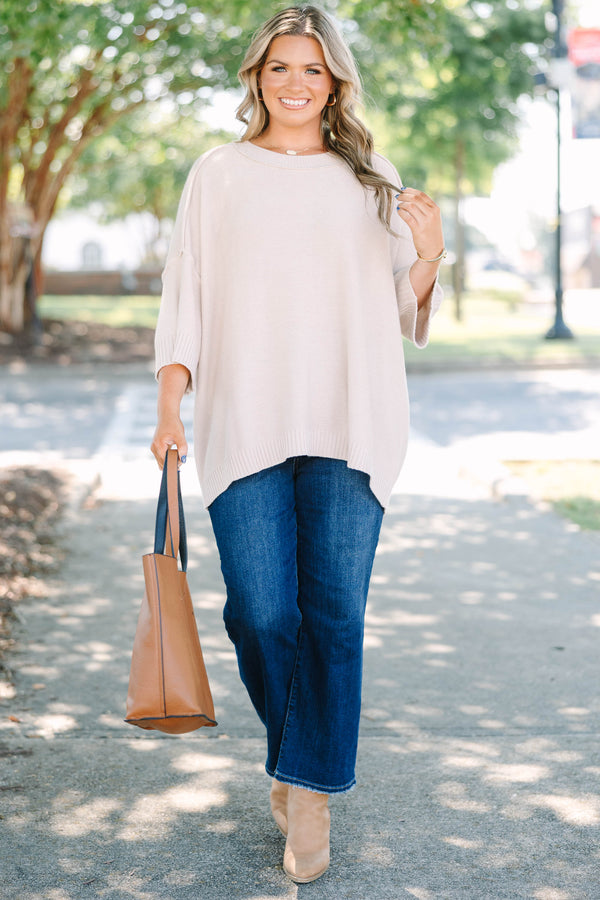 Plus size oatmeal oversized knit sweater with a flowy fit and short sleeves.
