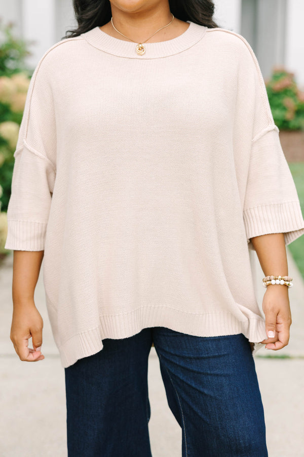 Plus size oatmeal oversized knit sweater with a flowy fit and short sleeves.