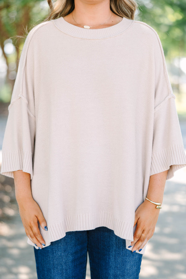 Plus size oatmeal oversized knit sweater with a flowy fit and short sleeves.