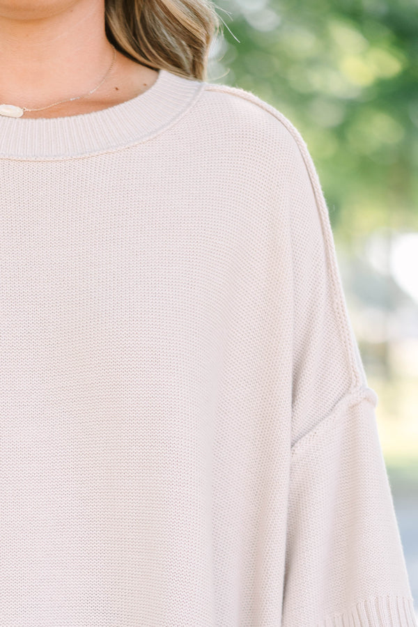 Plus size oatmeal oversized knit sweater with a flowy fit and short sleeves.