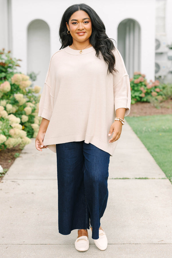 Plus size oatmeal oversized knit sweater with a flowy fit and short sleeves.