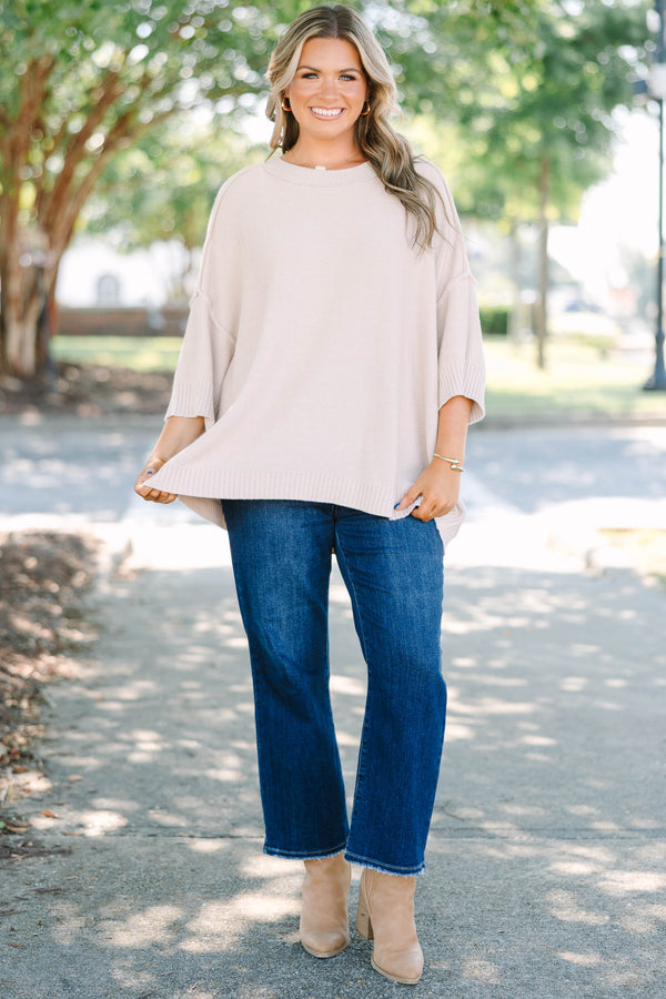 Plus size oatmeal oversized knit sweater with a flowy fit and short sleeves.