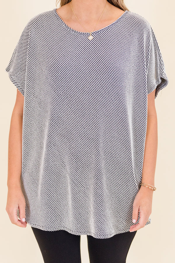 Chic Soul plus size clothing, short-sleeve black and white ribbed top with scoop-neckline 