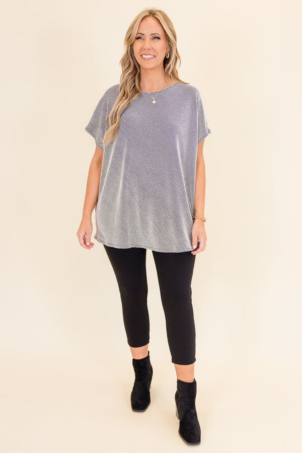 Chic Soul plus size clothing, short-sleeve black and white ribbed top with scoop-neckline 