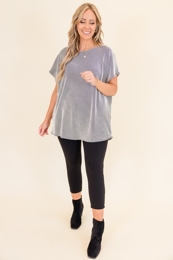 Chic Soul plus size clothing, short-sleeve black and white ribbed top with scoop-neckline 