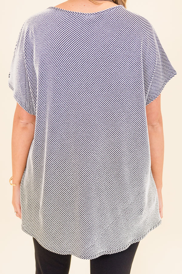 Chic Soul plus size clothing, short-sleeve black and white ribbed top with scoop-neckline 