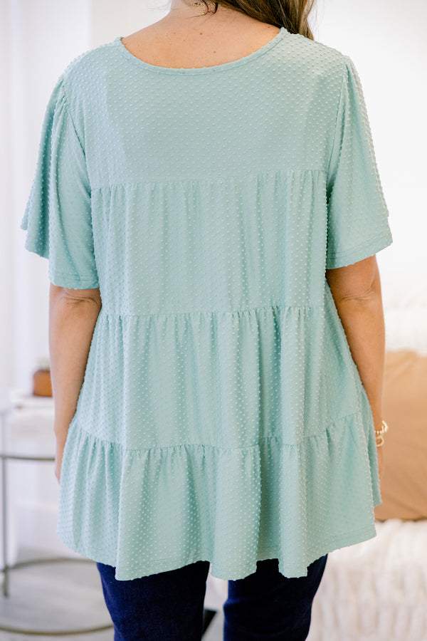 Chic Soul plus size clothing, short sleeve seafoam textured tiered top with round neckline
