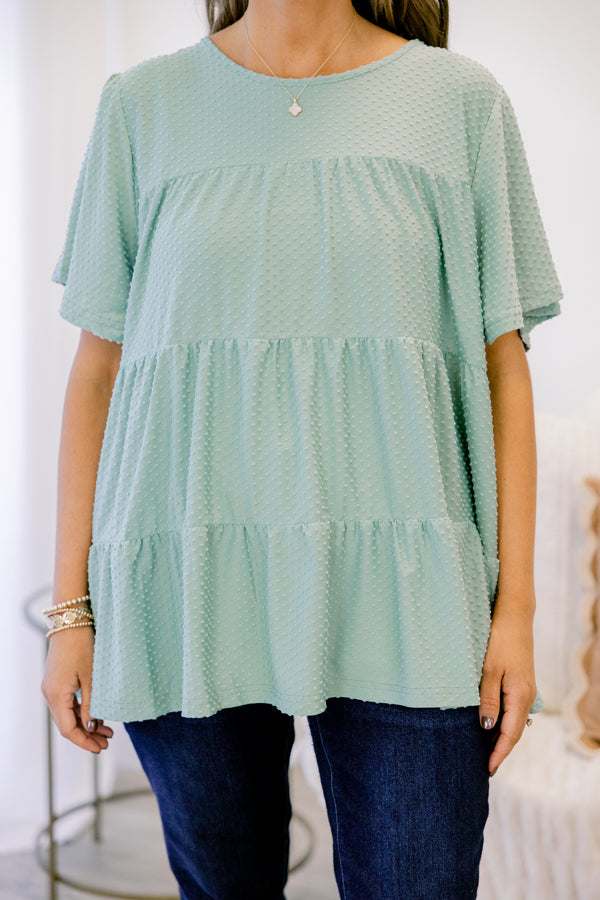 Chic Soul plus size clothing, short sleeve seafoam textured tiered top with round neckline
