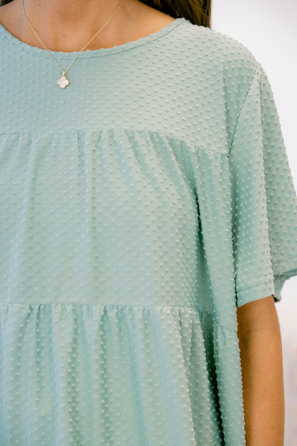 Chic Soul plus size clothing, short sleeve seafoam textured tiered top with round neckline