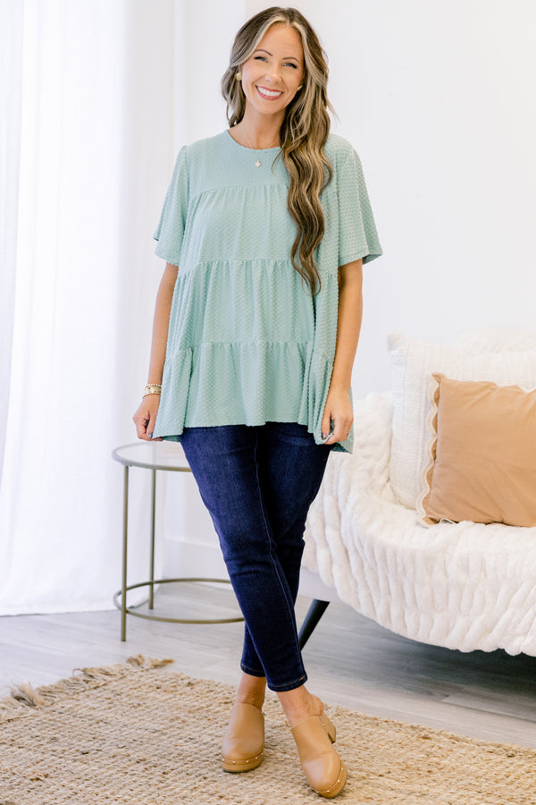 Chic Soul plus size clothing, short sleeve seafoam textured tiered top with round neckline
