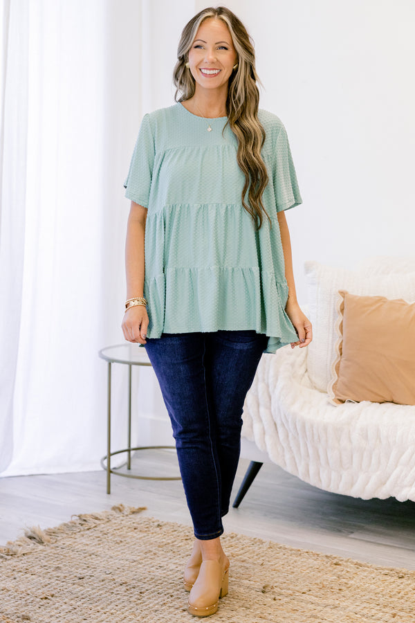 Chic Soul plus size clothing, short sleeve seafoam textured tiered top with round neckline