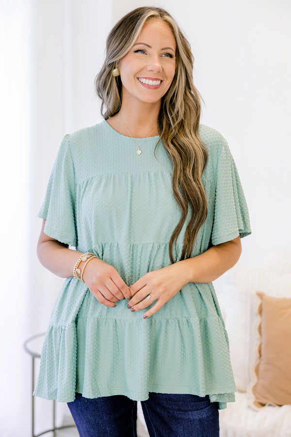 Chic Soul plus size clothing, short sleeve seafoam textured tiered top with round neckline