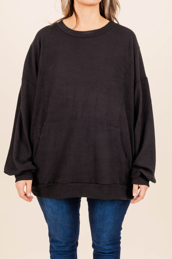Chic Soul plus size clothing, waffle knit textured long sleeve top with large front pocket detailing regular neckline