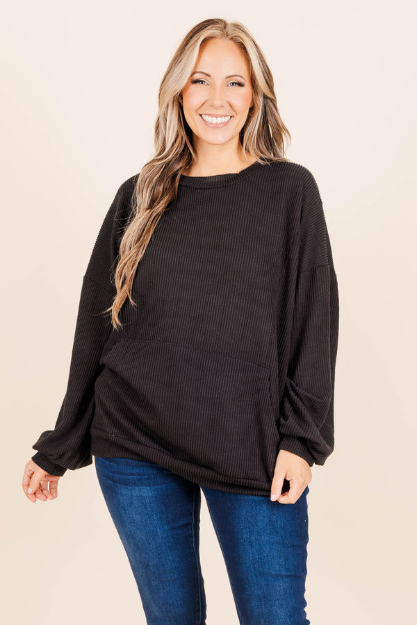Chic Soul plus size clothing, waffle knit textured long sleeve top with large front pocket detailing regular neckline