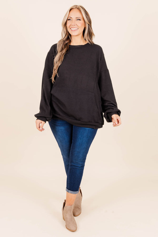 Chic Soul plus size clothing, waffle knit textured long sleeve top with large front pocket detailing regular neckline