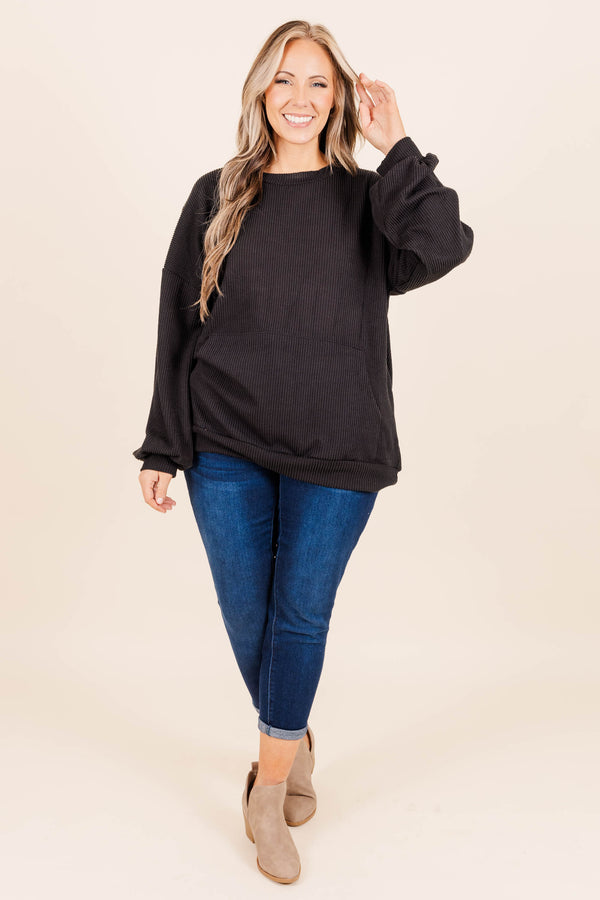 Chic Soul plus size clothing, waffle knit textured long sleeve top with large front pocket detailing regular neckline