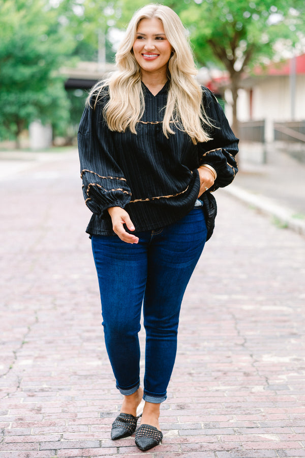 Chic Soul Plus size clothing, black long sleeve blouse with bubble that has cheetah stitching details on the sleeves bottom of the shirt and chest 
