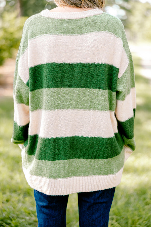 Chic Soul plus size clothing, long sleeve sweater with different shades of green horizontal stripes