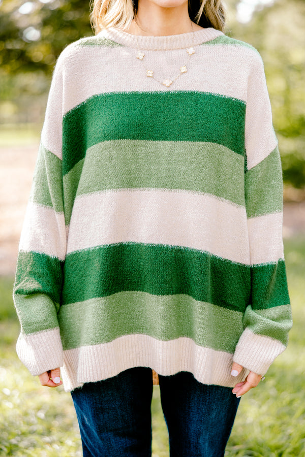 Chic Soul plus size clothing, long sleeve sweater with different shades of green horizontal stripes