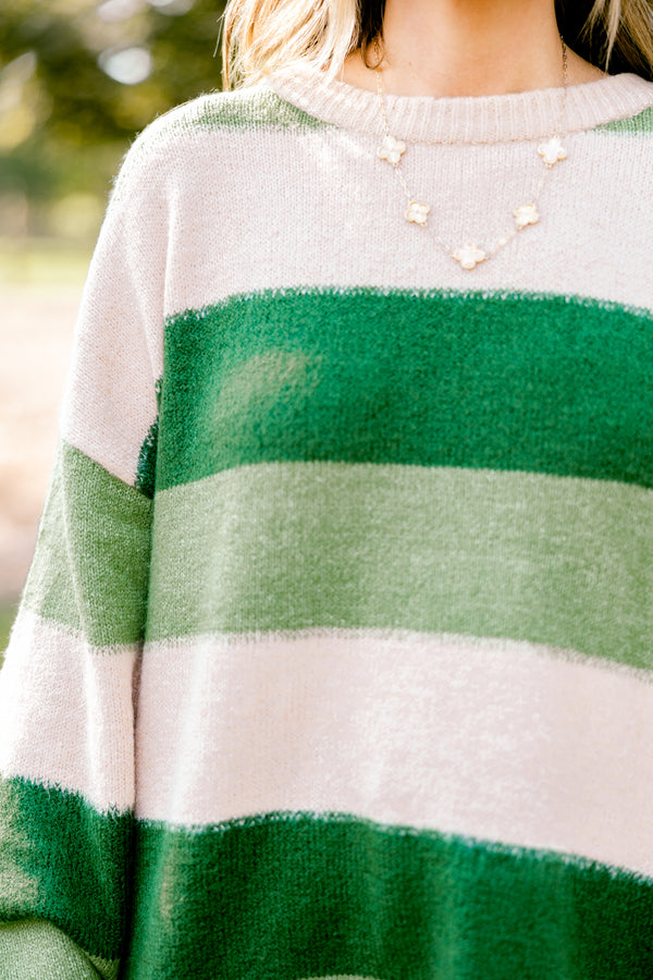 Chic Soul plus size clothing, long sleeve sweater with different shades of green horizontal stripes