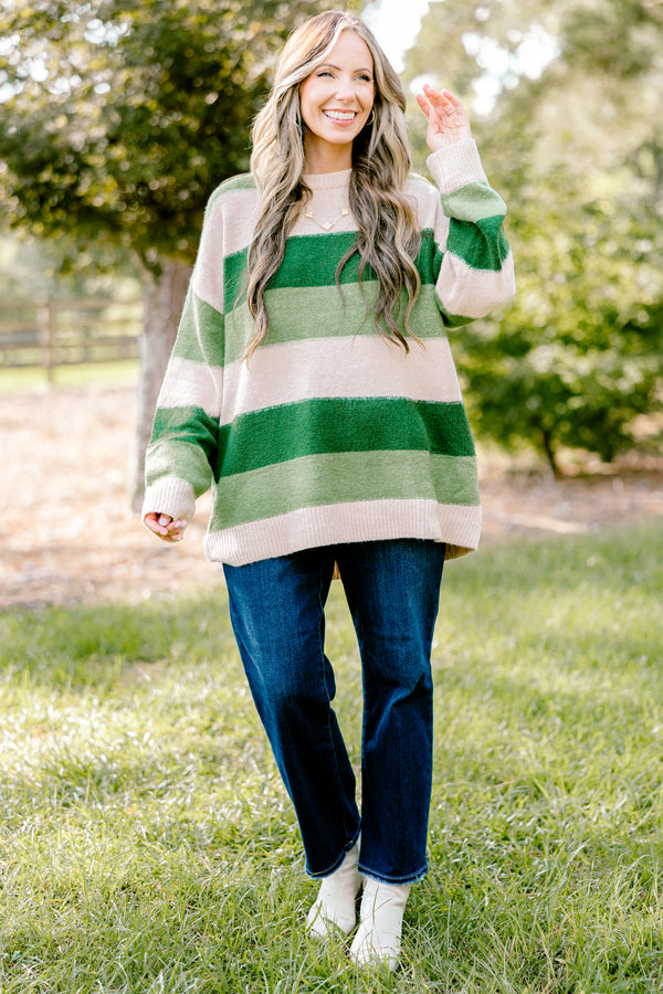 Chic Soul plus size clothing, long sleeve sweater with different shades of green horizontal stripes