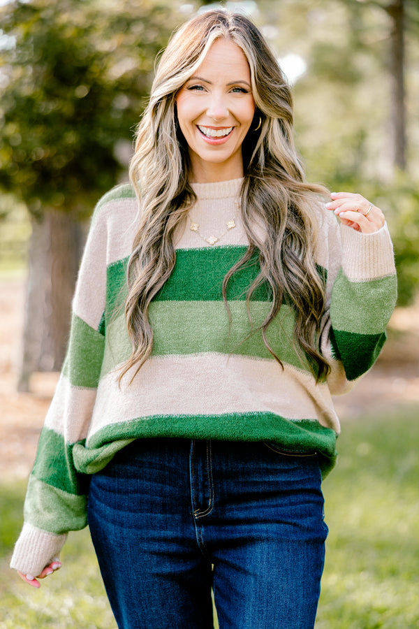 Chic Soul plus size clothing, long sleeve sweater with different shades of green horizontal stripes