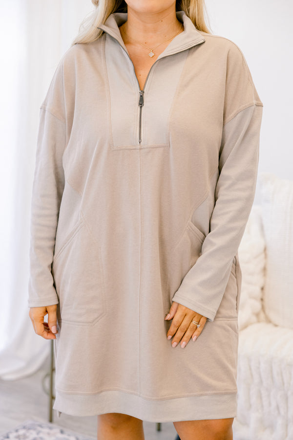 Chic Soul plus size clothing, light tan long sleeve 1/4 zip sweatshirt dress with collar and front pockets