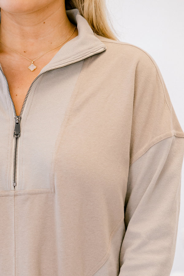 Chic Soul plus size clothing, light tan long sleeve 1/4 zip sweatshirt dress with collar and front pockets