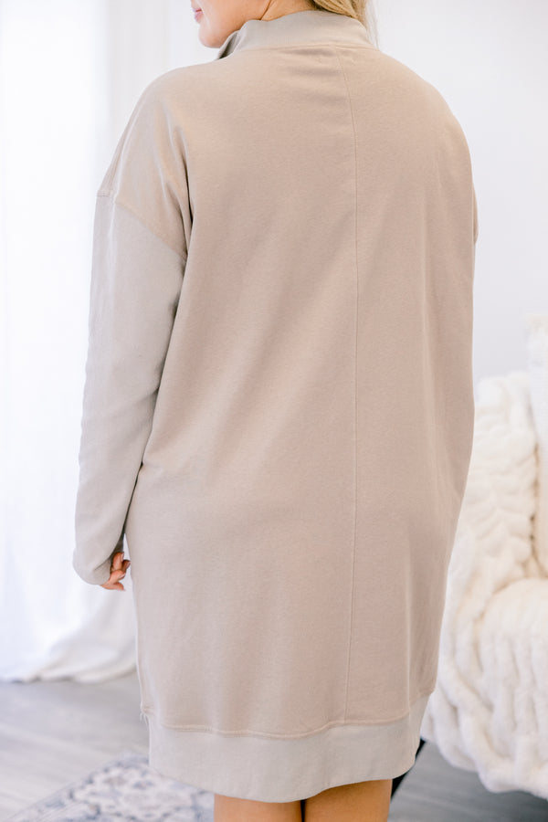 Chic Soul plus size clothing, light tan long sleeve 1/4 zip sweatshirt dress with collar and front pockets